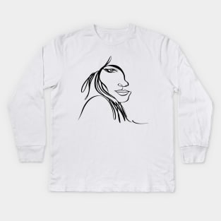 One line woman face  drawing, Abstract minimal female single line art Kids Long Sleeve T-Shirt